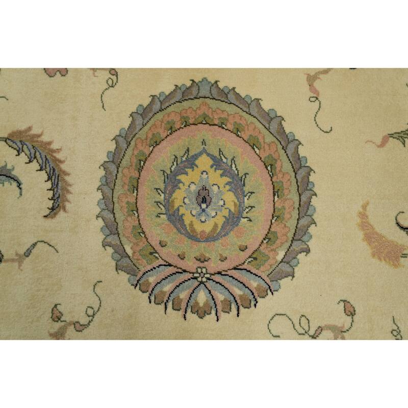 Hand Knotted Oriental Wool & Silk Carpet Traditional All-Over Beige & Ivories Tabriz Area Rug - 9' 11'' X 6' 6''