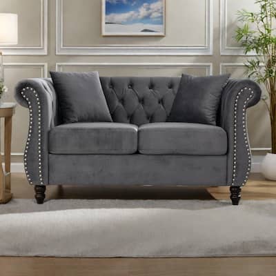 58.8" Velvet Chesterfield 2-Seater Sofa with Rolled Arms, Nailhead Trim, and 2 Pillows