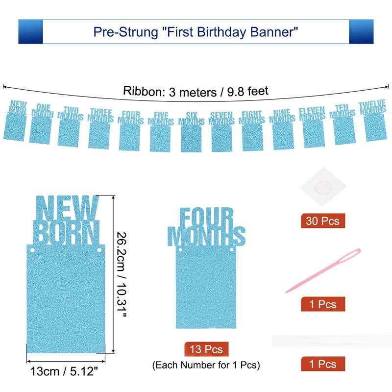 1st Birthday Photo Banner Decorations from 1 to 13 Months 13 Pieces - Blue