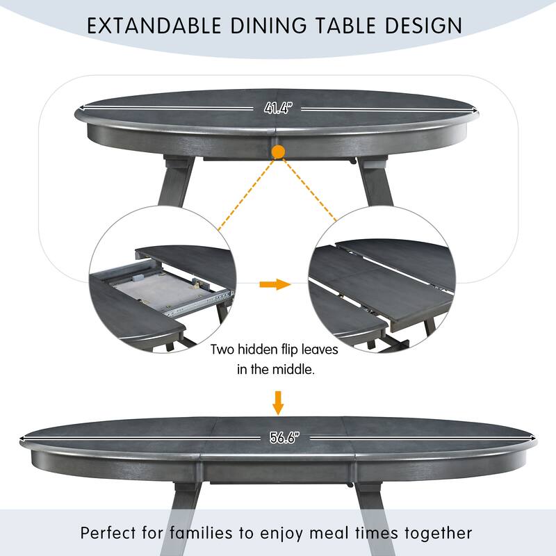 Wood Dining Table Extends From 41.4 " to 56.6", Round Dining Table with Hidden Flip Leaves, Kitchen Table with Rubber Wood Legs