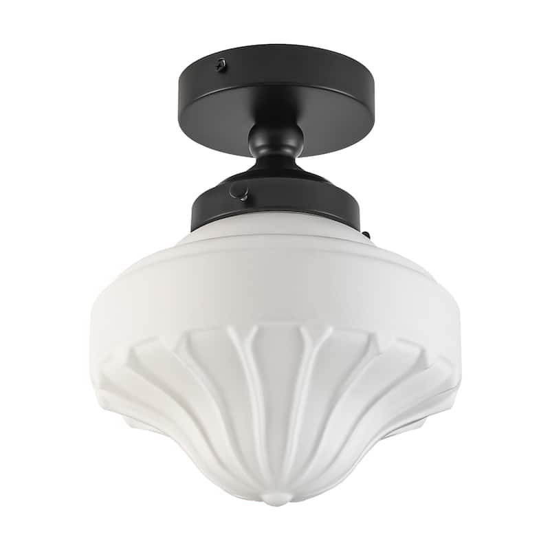 8.7 in. 1-Light Retro Black/Antique Gold Ice-Cream Shaped Semi-Flush Mount Ceiling Light with Opal Textured Glass Shade
