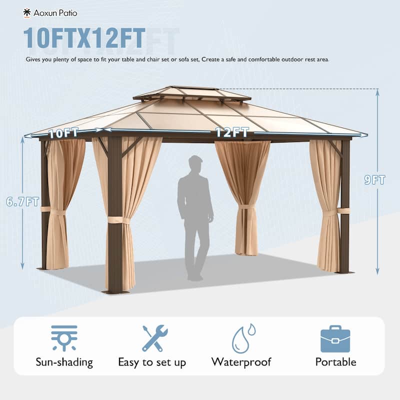 Hardtop Gazebo 10×12FT, Outdoor Double Roof Aluminum Furniture