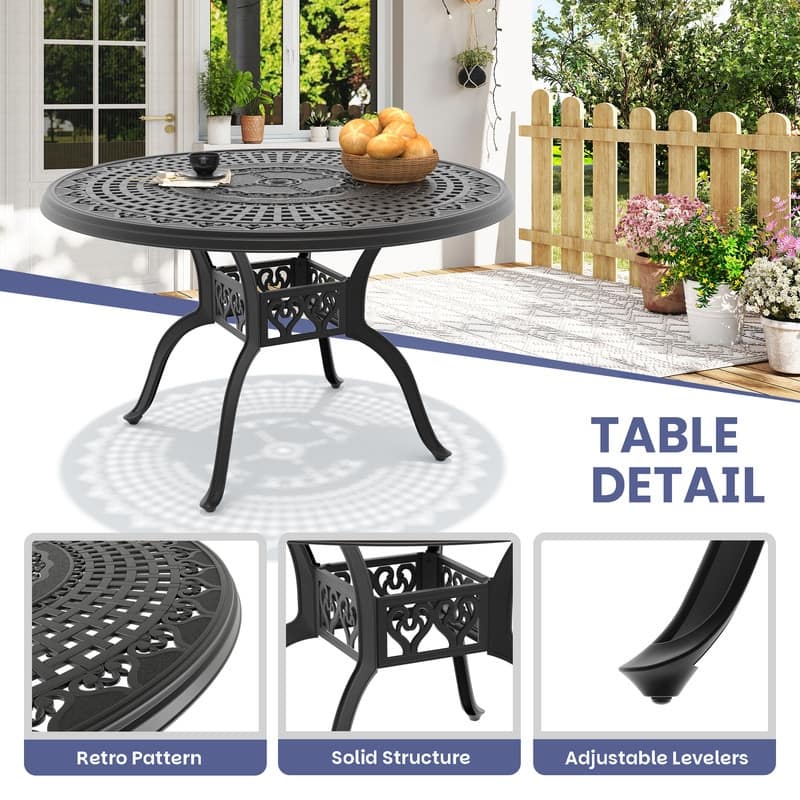 47.24 inch Black Round Cast Aluminum Patio Table with Umbrella Hole