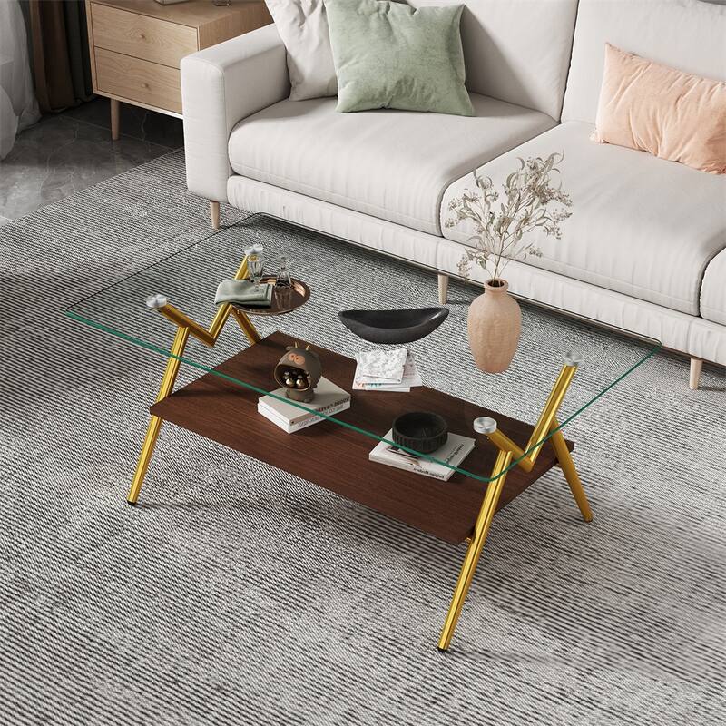 Modern Rectangle Coffee Table with Tempered Glass top and Metal Legs