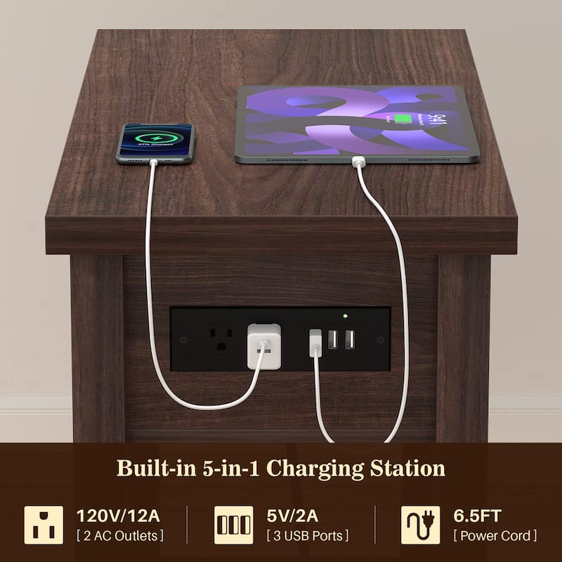 Farmhouse End Table with Wood Drawers and Charging Station, Sofa Side Table, Nightstand