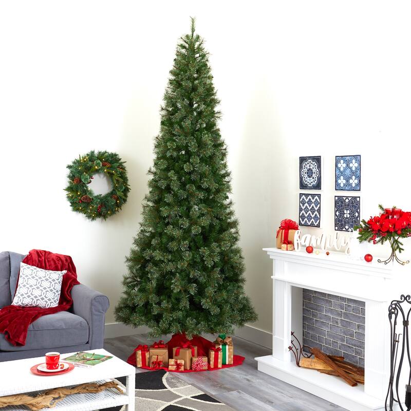 10ft Slim Christmas Tree with Lights - Pencil Artificial Holiday Tree, 750 LED Lights & Stand - Green - 120
