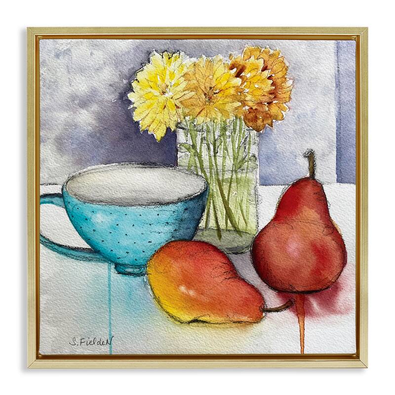 Stupell Modern Kitchen Teacup & Fruit Framed Floater Canvas Wall Art Design By Stephanie Fielden - 18 x 18 - Gold