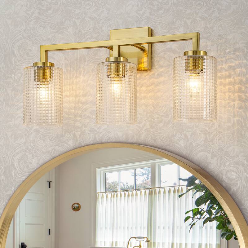 3/4-Light Modern Glass Wall Sconce Bathroom Vanity Light with Grid Glass Shades - 21.5" W x 11.02" H - Brass