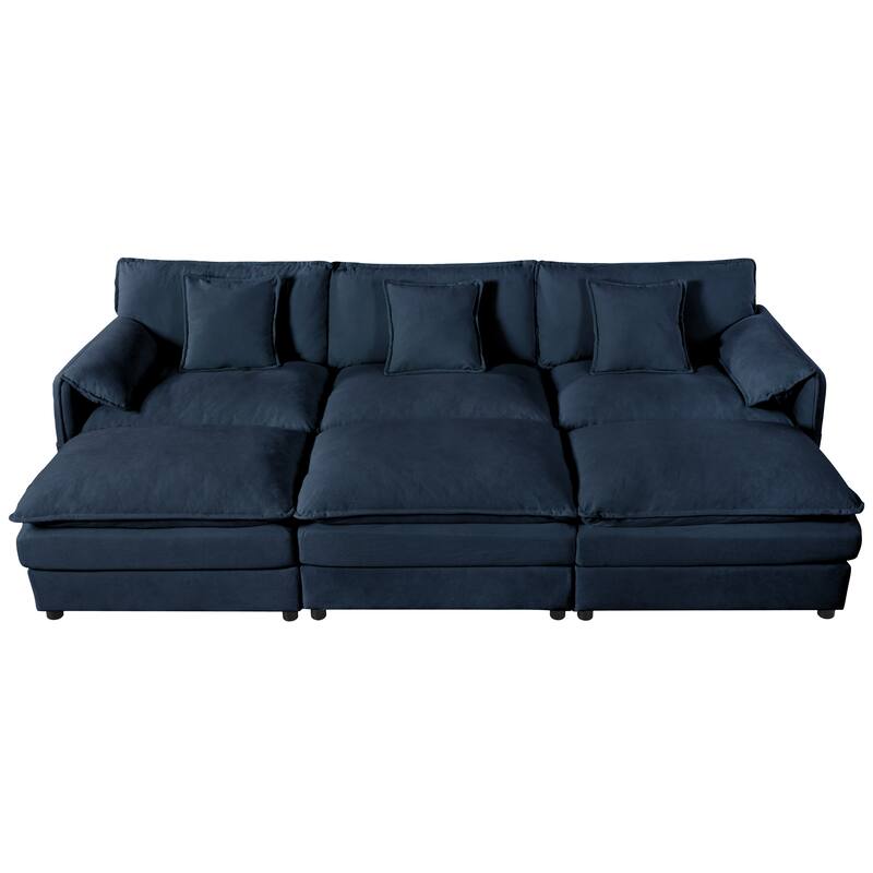 Modular Sleeper Sofa Bed Chenille 3 Seater Sectional Couch with 3 Ottomans, Thickened Seat Cushions and Side Pockets