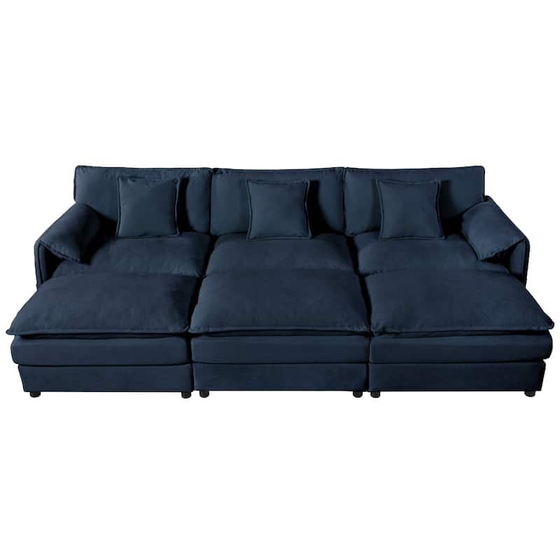 Oversized Deep Seat Modular Sofa Sleeper with Ottomans & Pillows, Blue Chenille