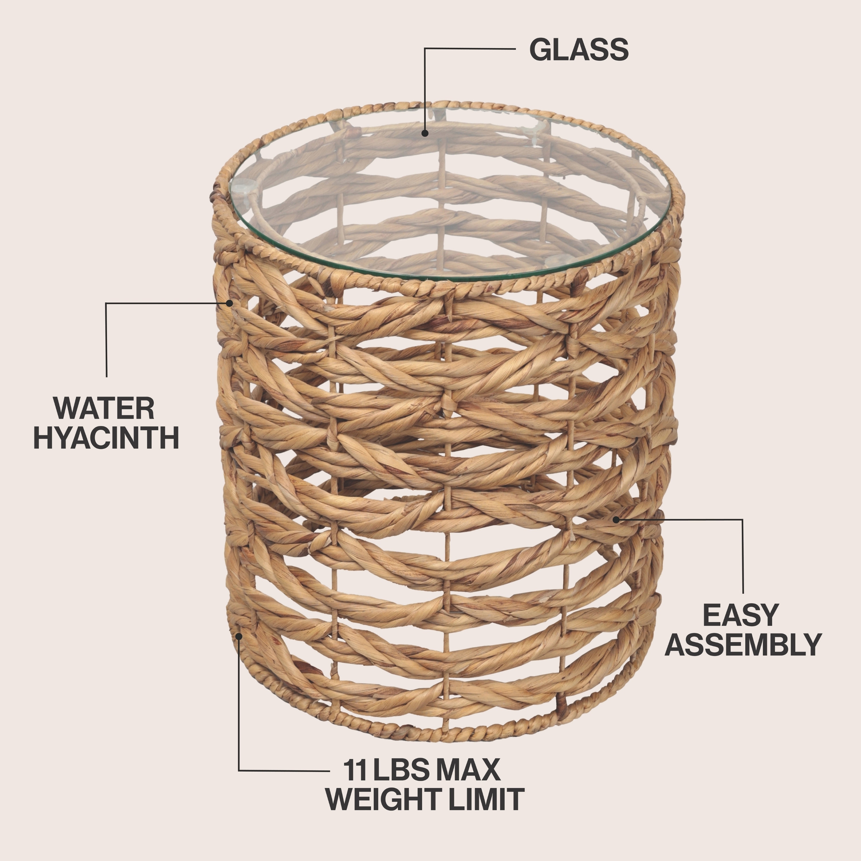 Malaya Bohemian Handwoven Round End Table with Glass Top, Fully