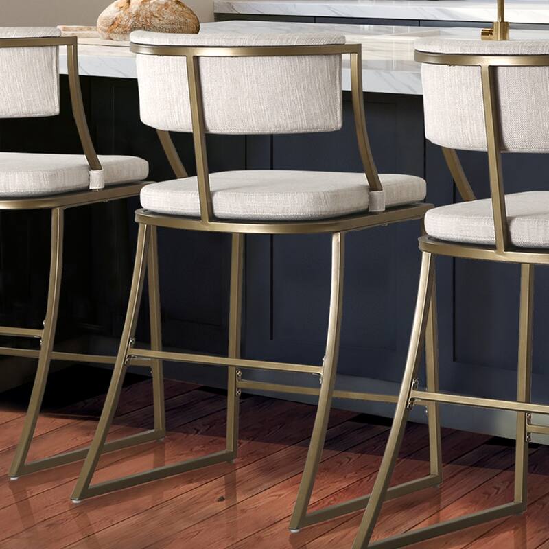 Beige Upholstered Steel Counter Bar Stool with Low Back and Footrest
