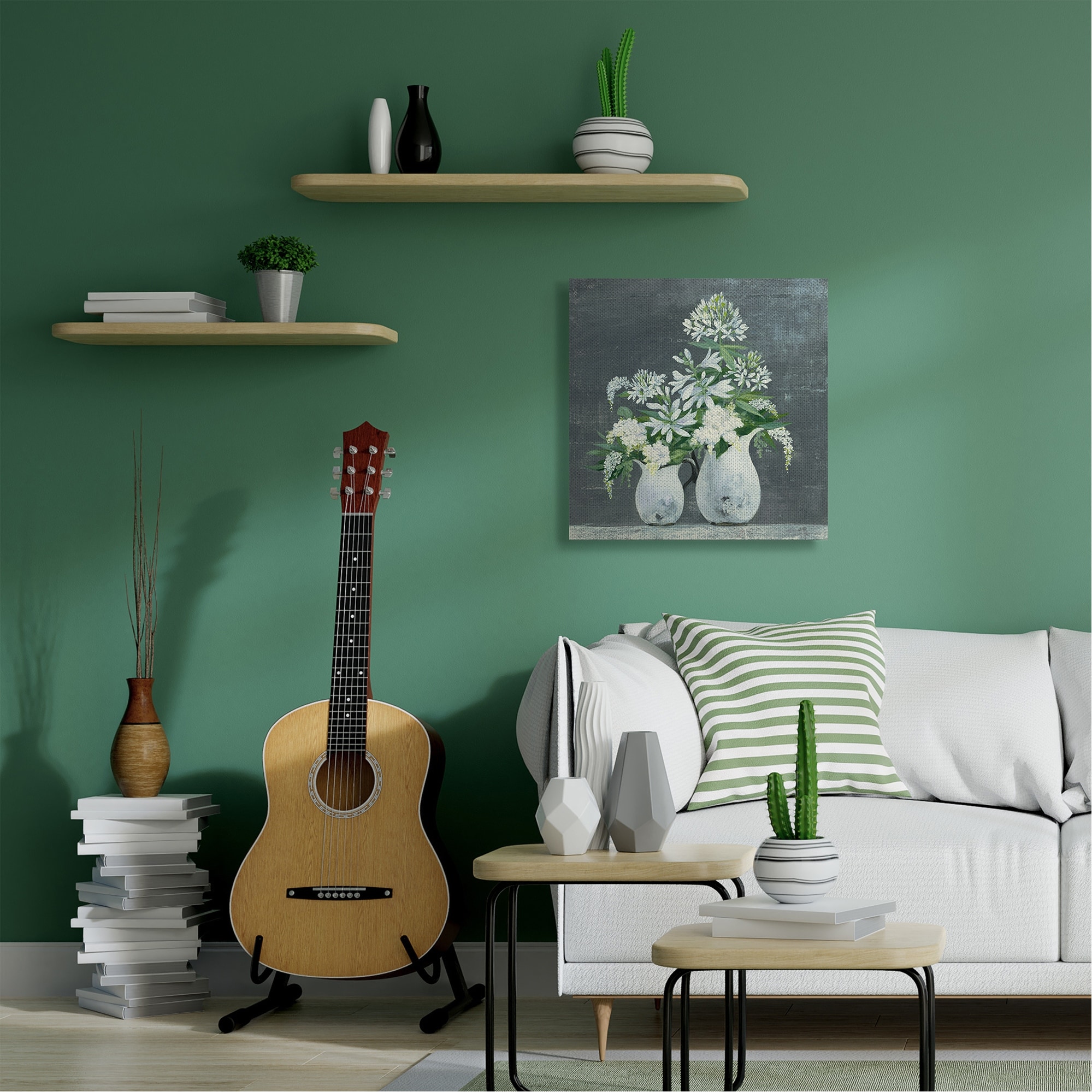 Stupell White Flowers Blue Green Painting,17x17, Proudly-image