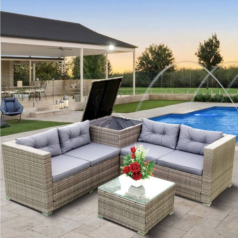 4 Piece Patio Sectional Wicker Rattan Outdoor Furniture Sofa Set with Storage Box Grey - Grey