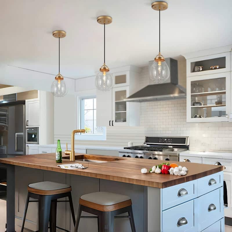 Modern Gold 1-Light Clear Glass Island Pendant Lights for Dining Room - 6" D x 9" H