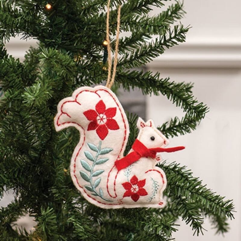 White-Red Felt Squirrel Ornament with Embroidery and Jute Hanger - 4.50 x 1 x 4.50 in.