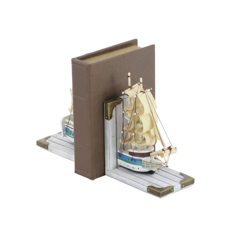 White Wood Sail Boat Decorative Bookends with Real Boat Rigging and Gold Corners (Set of 2)