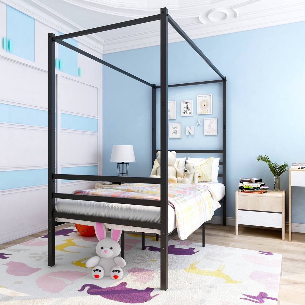 Black Metal Canopy Bed Frame, Platform Bed Frame Twin with minimalism style Frame