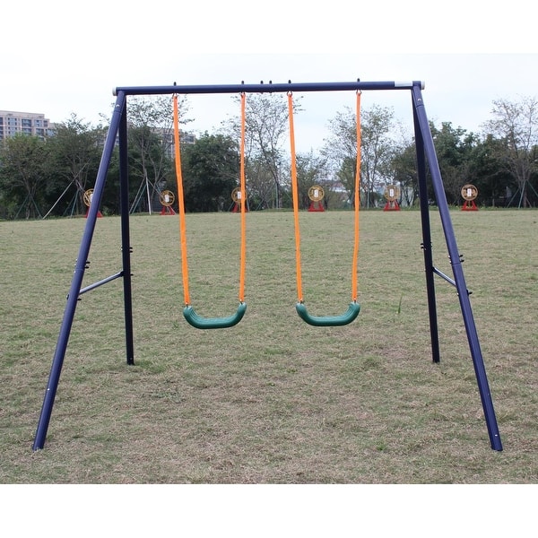 slide 2 of 9, Two Station Swing Set for Children Double the Outdoor Fun - 102"L x 74"W x 71"H Blue
