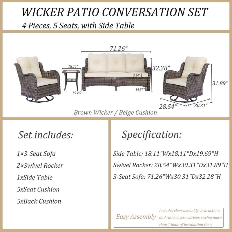 Wicker 4 Piece Outdoor Furniture Sets with Patio Swivel Rocker Chairs