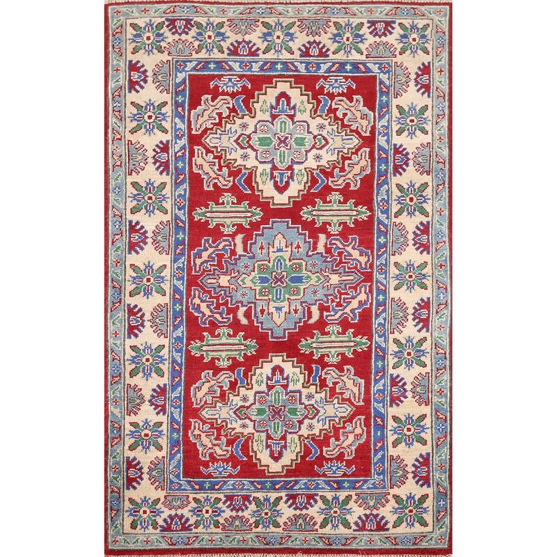 Kazak Foyer Rug Hand-Knotted Traditional Red Wool Carpet - 3'2" x 5'3"