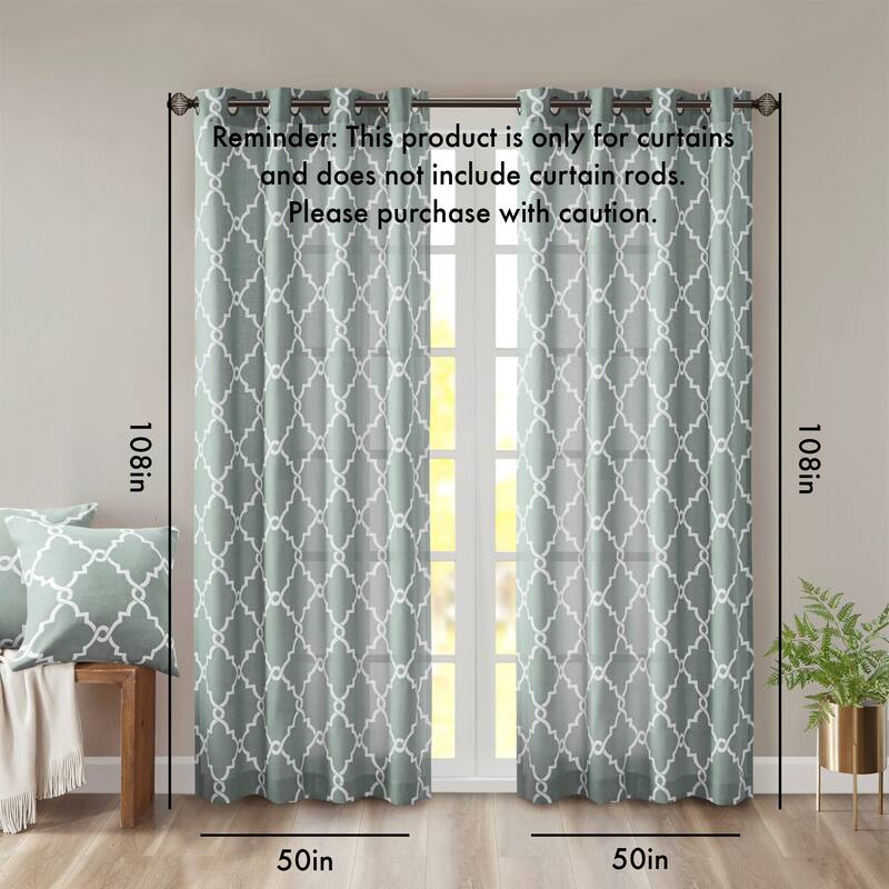 Fretwork Print Grommet Top Window Curtain Panel(Only 1 Pc Panel) - Seafoam+White - 108 Inches