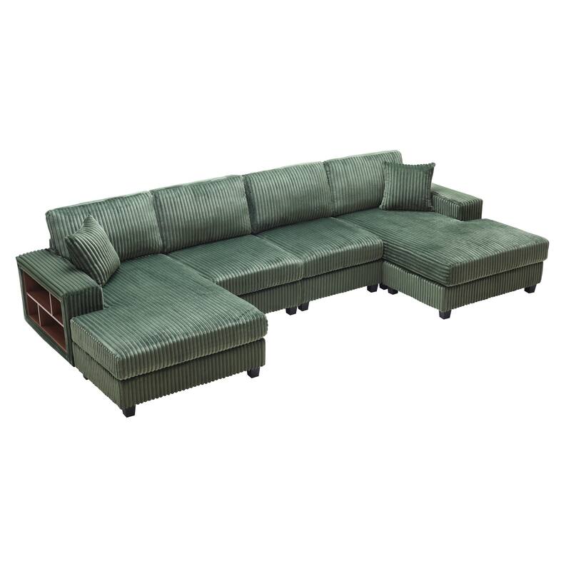 Modular Sectional Sofa with Dual Chaise Lounges, Corduroy Cloud Sofa with Armrest Storage Rack, Convertible 4-Seat Sleeper Sofa