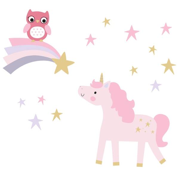 slide 2 of 4, Bedtime Originals Rainbow Unicorn with Owl and Stars Pink/Gold Wall Decals