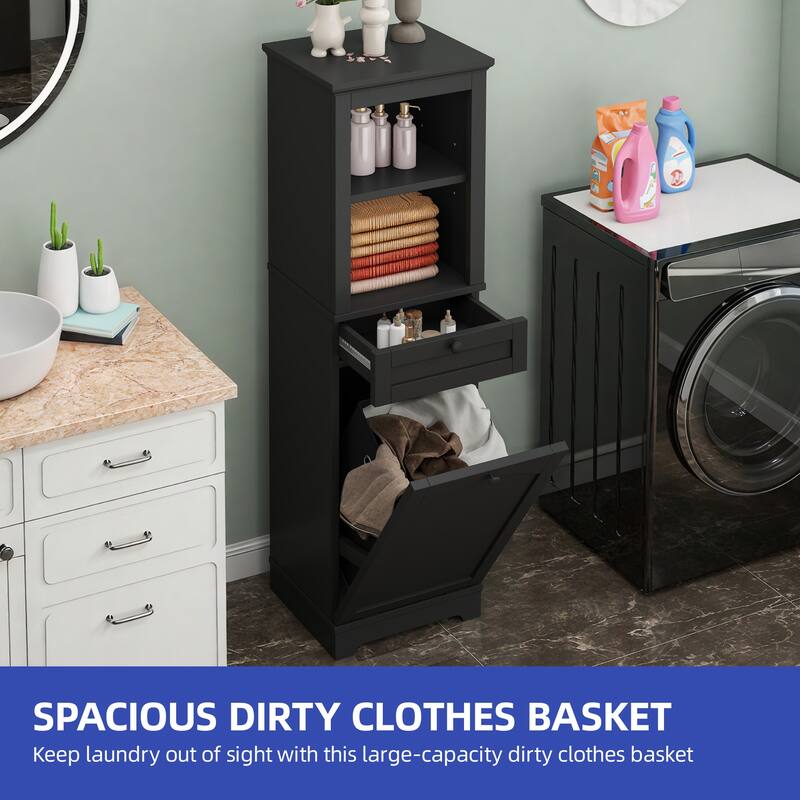 53 Inch Tall Tilt Out Laundry Hamper Cabinet with Hidden Basket and Storage Drawer