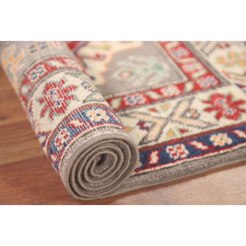 Geometric Kazak Accent Rug Hand-Knotted Grey Wool Carpet - 2'6" x 4'3"