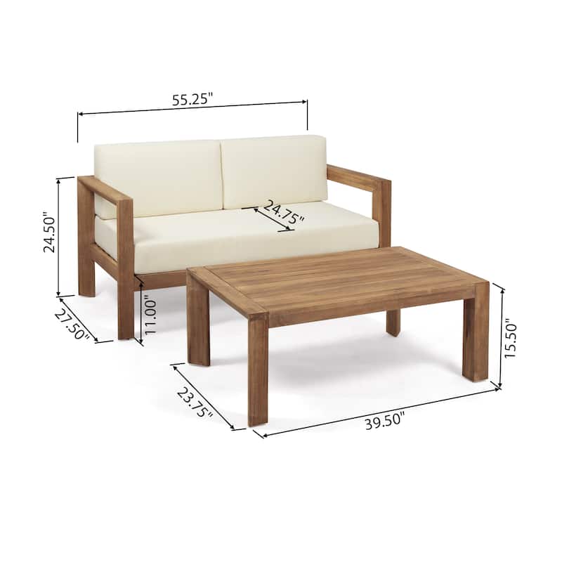 2-Piece Outdoor Patio Acacia Wood Love-seat and Coffee Table Set