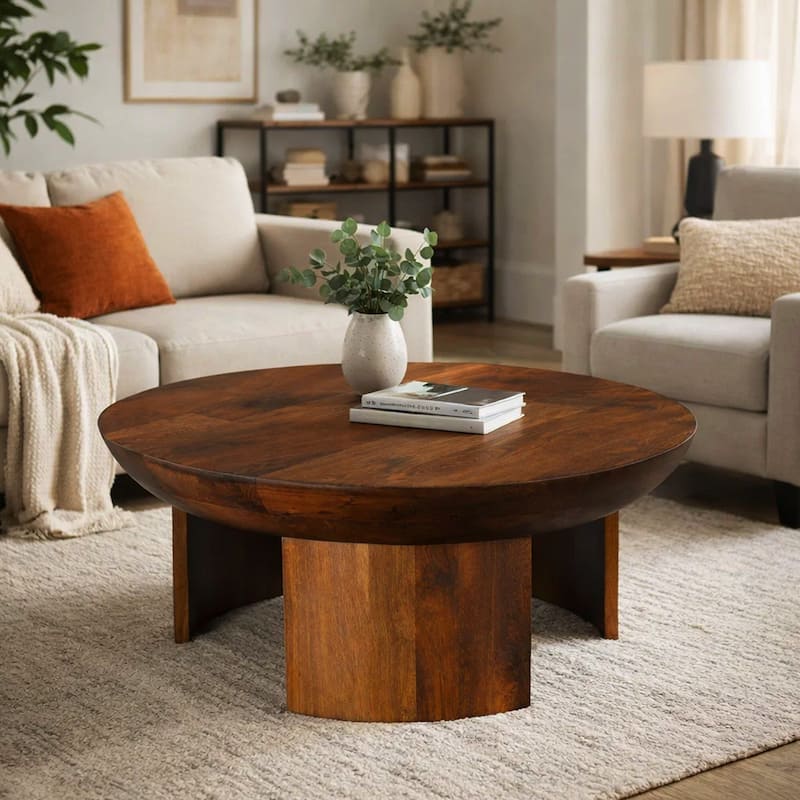 35 Inch Coffee Table, Handcrafted Round Mango Wood Top, Modern Curved Tripod Legs, Walnut Brown - Brown - Wood