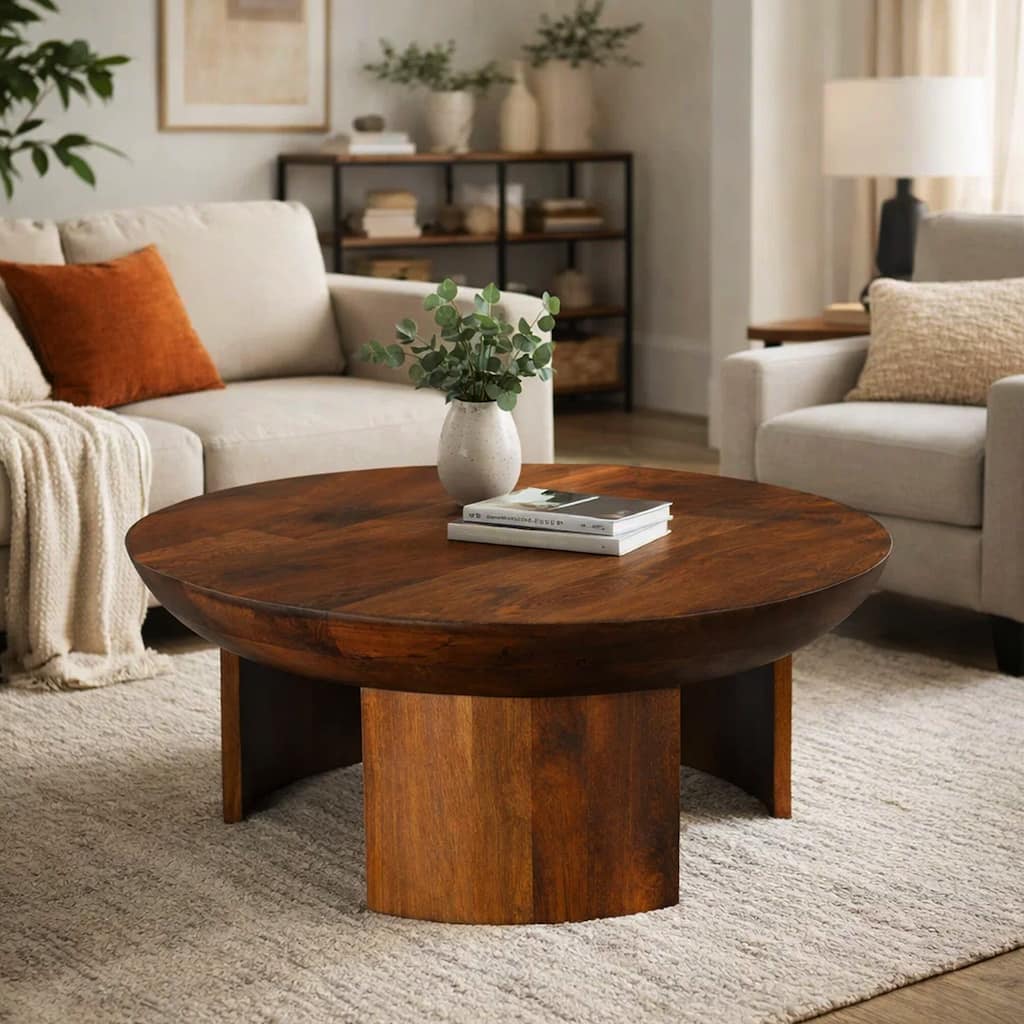 35 Inch Coffee Table, Handcrafted Round Mango Wood Top, Modern Curved Tripod Legs, Walnut Brown