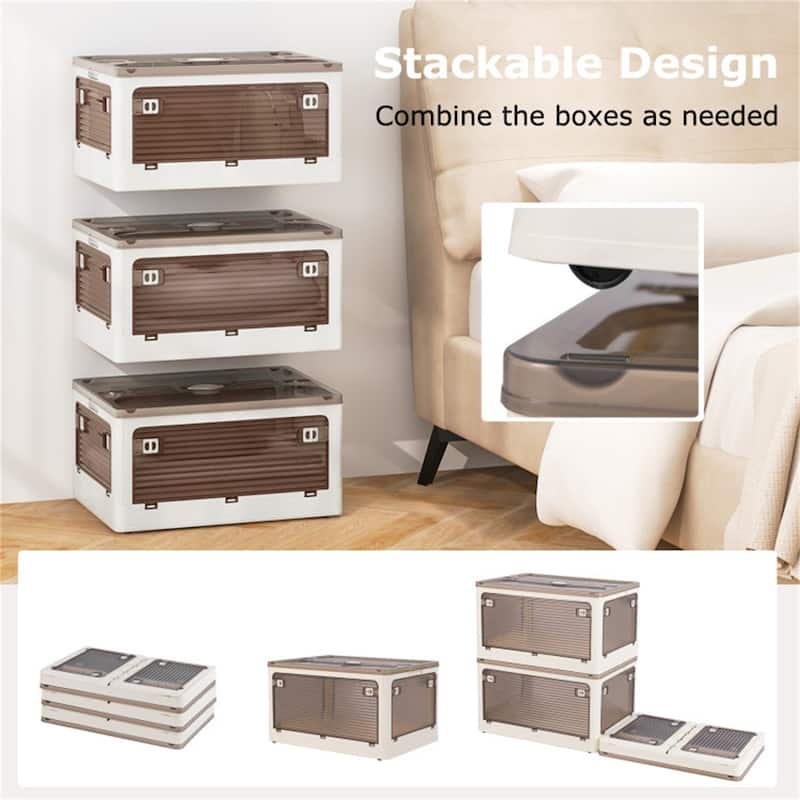 Cream White-Clear Brown Foldable Storage Bins 3-Pack with Wheels