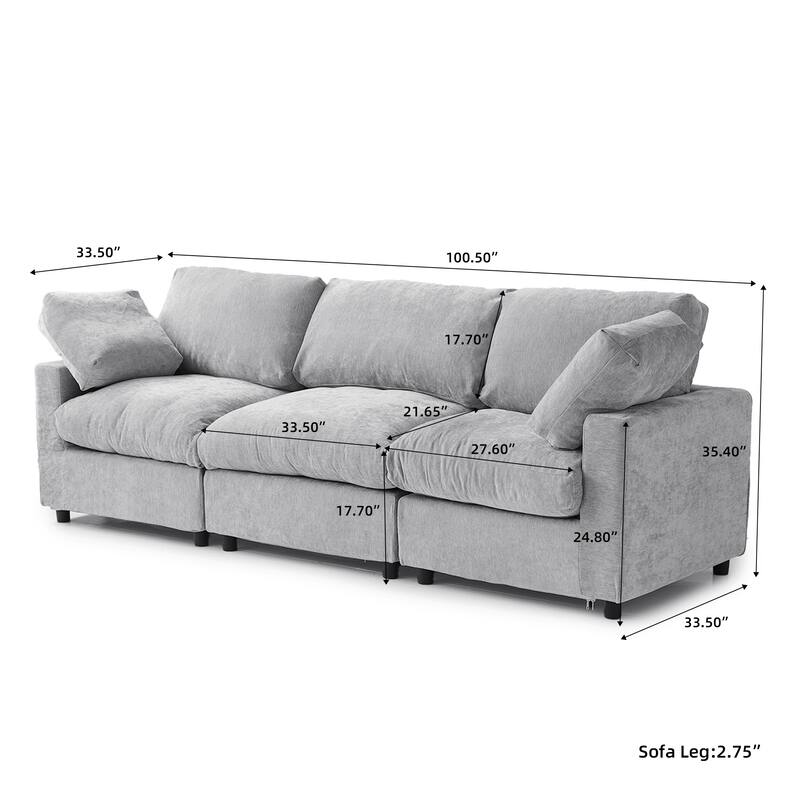 Minimalist 3-Seater Sofa Chenille Upholstered Modular Sectional Couch Removable Cover, Spring Cushions, Solid Wood Frame