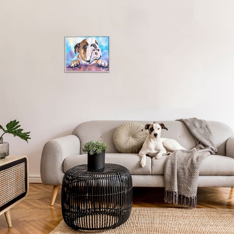 Stupell English Bulldog Dog Pet Animal Watercolor Painting Grey Framed, 16 x 20, Design By Artist George Dyachenko - 16 x 20
