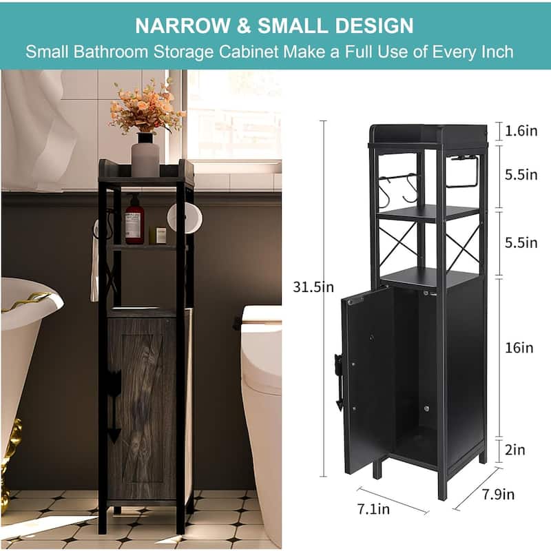 VECELO Slim Bathroom Floor Cabinet with Shutter Door 3-Tier Storage Shelf with Hooks Freestanding Cabinet for Bedroom, Entryway