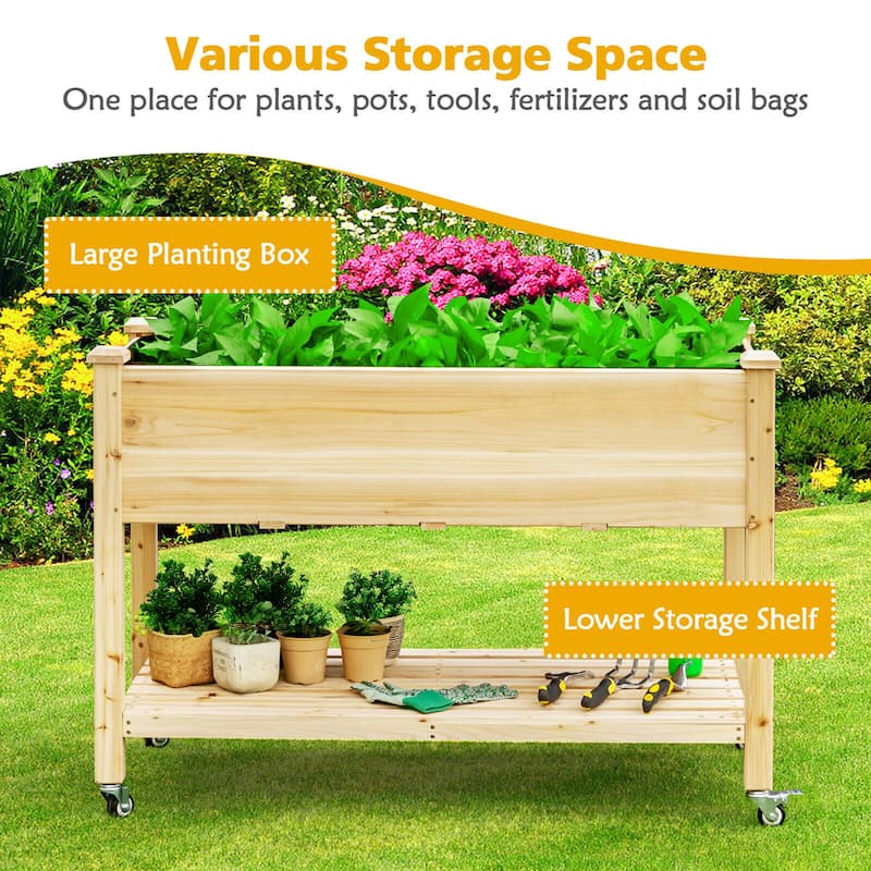 Costway Raised Garden Bed Wood Elevated Planter Bed w/Lockable Wheels - See Details