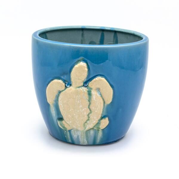 slide 2 of 4, ClayBarn Grotto Aqua Stoneware 7" Seaturtle Planter
