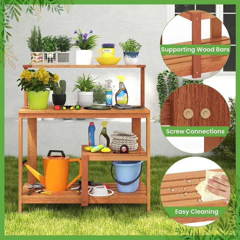 Gymax Outdoor Potting Bench Table w/Open Shelves Teak Oil Finish