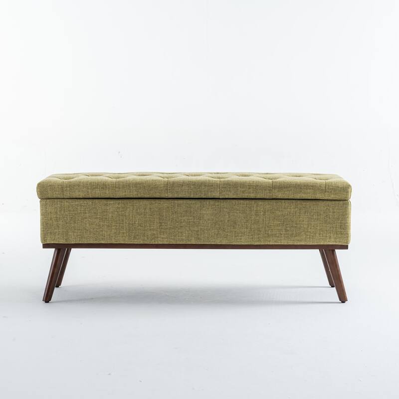 Linen Storage Ottoman Bench with Wood Legs, Upholstered Entryway Bench Tufted Mid Century Modern Ottoman Bedroom End of Bed