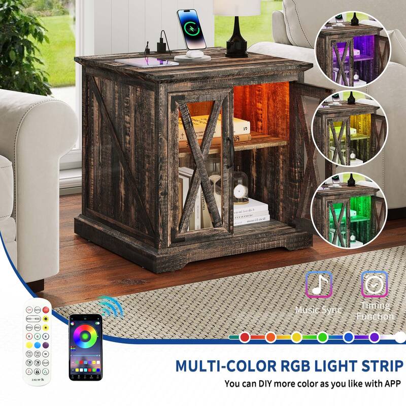 Moasis End Table with Charging Station, Farmhouse Side Table with Storage and Shelves