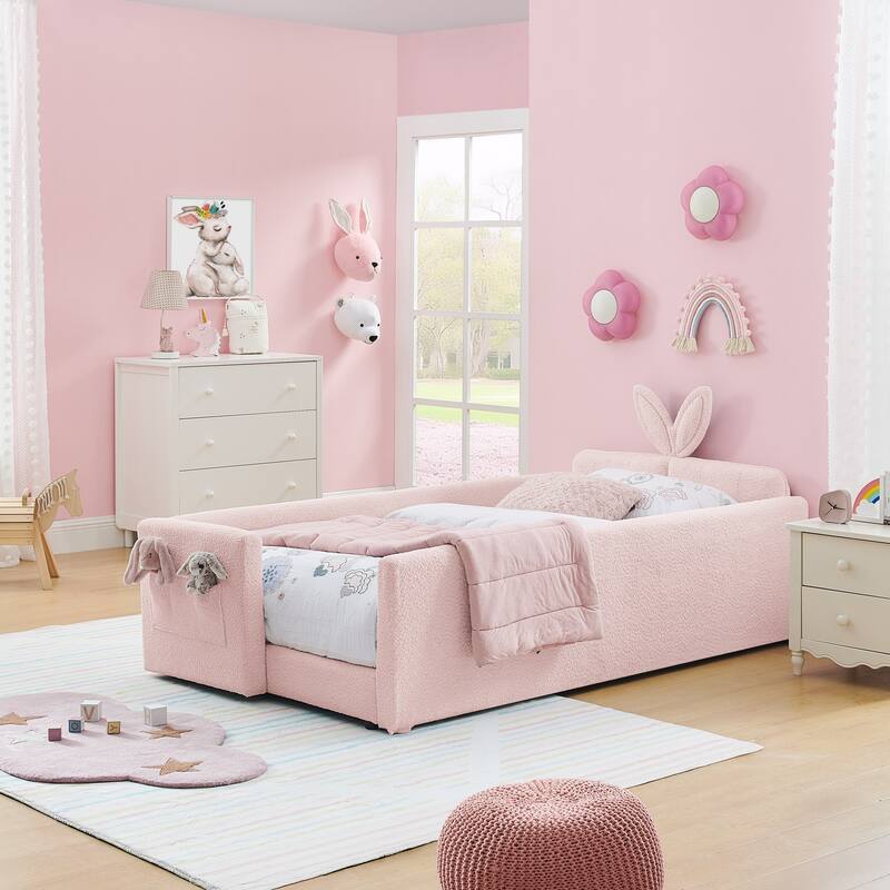 Twin Size Platform Bed Upholstered Bed with Safety Rail and Pocket, Kids Bed with Rabbit Ear, Skin-friendly Boucle Fabric