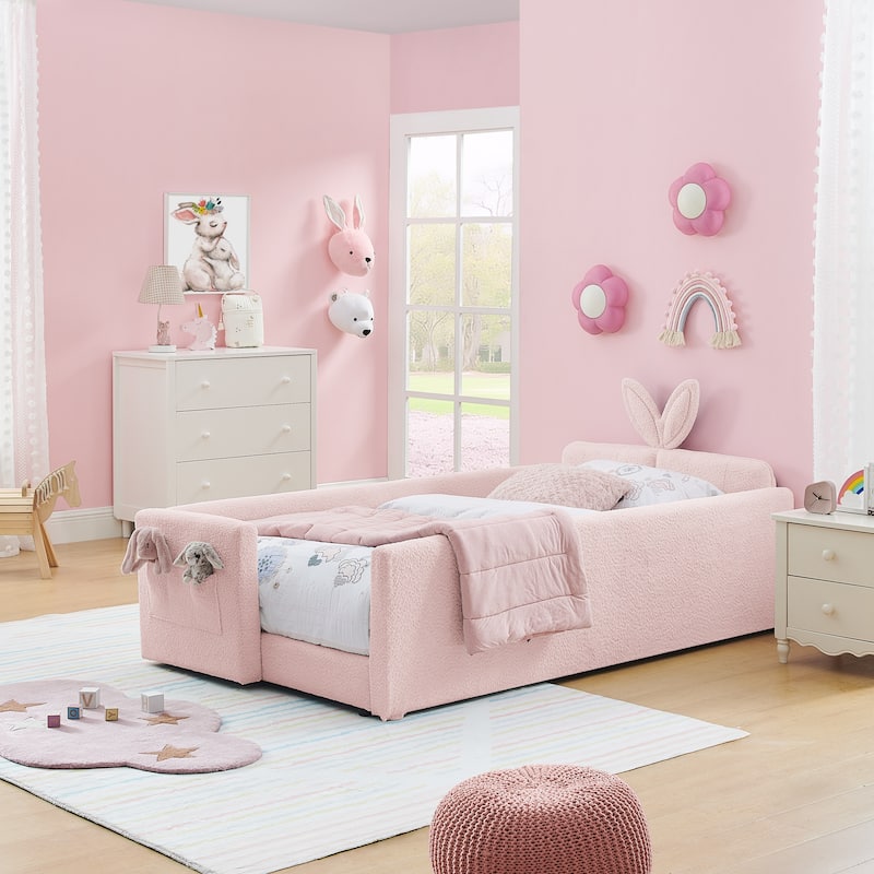 Twin Size Upholstered Princess Bed, Cute Kids Princess Bed Frame, Boucle Fabric Princess Platform Bed with Rabbit Ear Headboard - Pink - Twin
