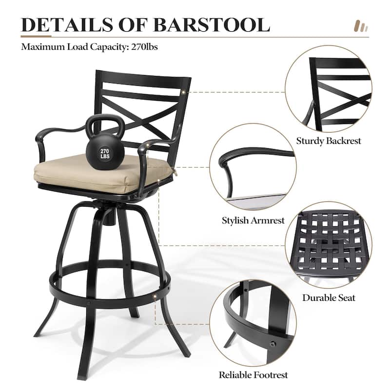 Outdoor Patio Swivel Bar Stool Aluminum Bar Chair with Sunbrella Cushion