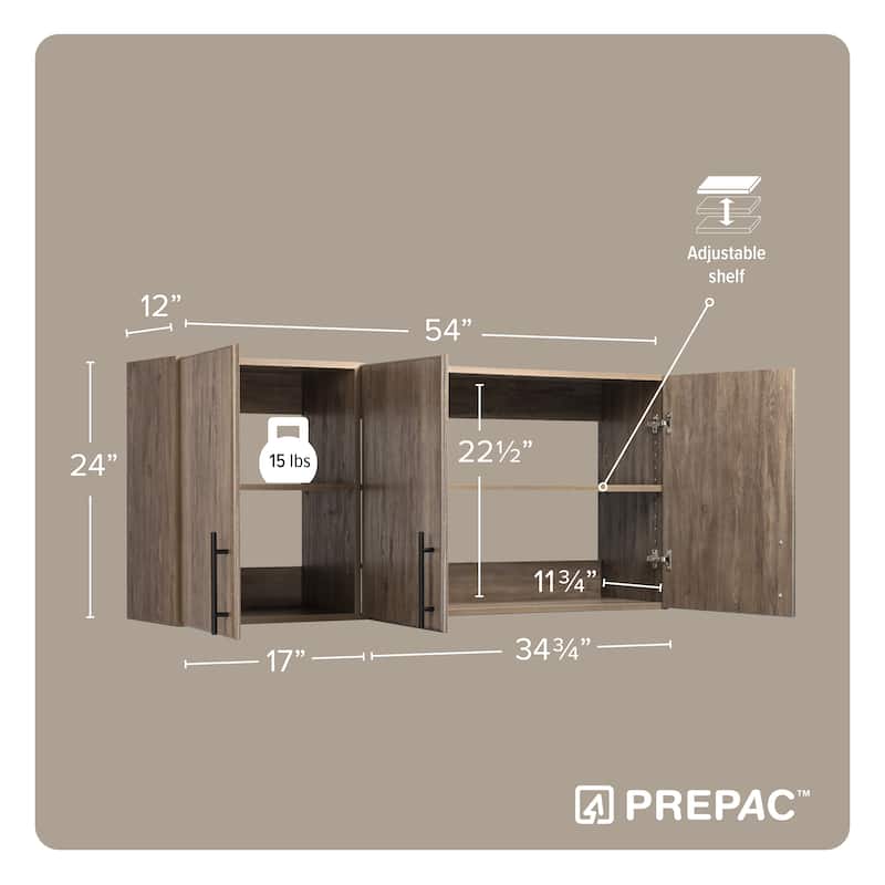 Prepac Elite Wall Cabinet, Versatile Adjustable Garage Wall Cabinet, Tall 3-Door, 54"W x 24"H x 12"D