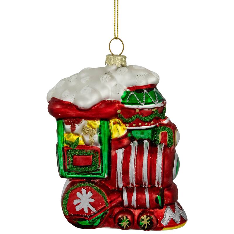 Glittered Train Christmas Glass Hanging Ornament - 4.5" - Red and Green