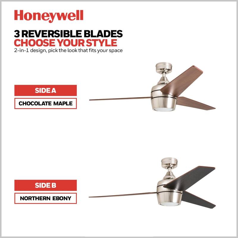 Honeywell Eamon LED Ceiling Fan with Remote, Modern, 3 Blade, Brushed Nickel - 52-inch