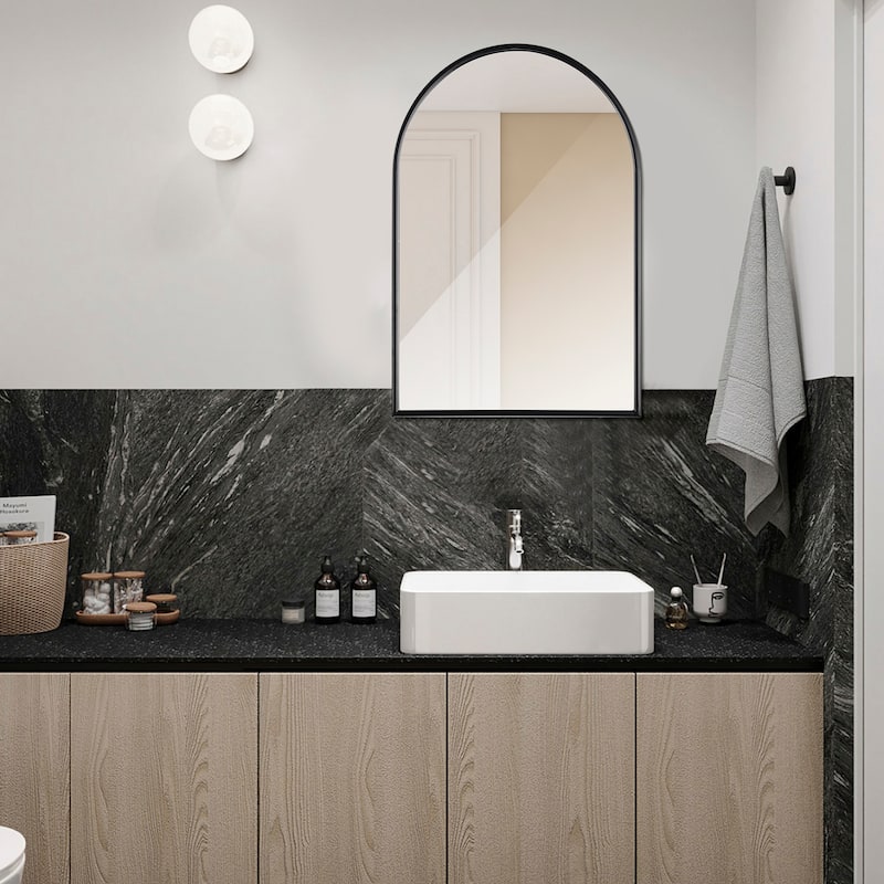 Black 24 in. W x 35 in. H Arched Metal Framed Iron Modern Accent Mirror - 23.6 in. W x 35.5 in. H x 1 in. D