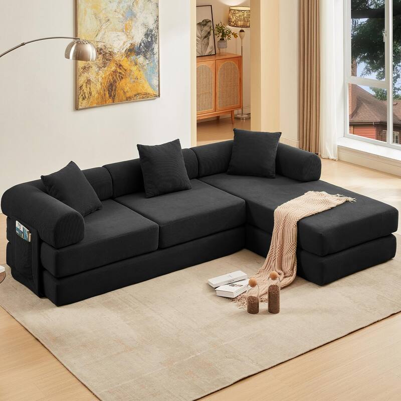 107" L-Shaped 6-in-1 Corduroy Modular Sectional Sofa, Convertible Out Sofa Bed, 4-Seat, Black